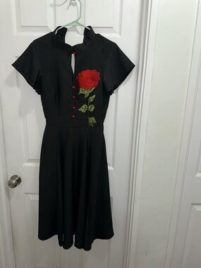 Unique Vintage Black Midi Dress with Red Rose Embroidery